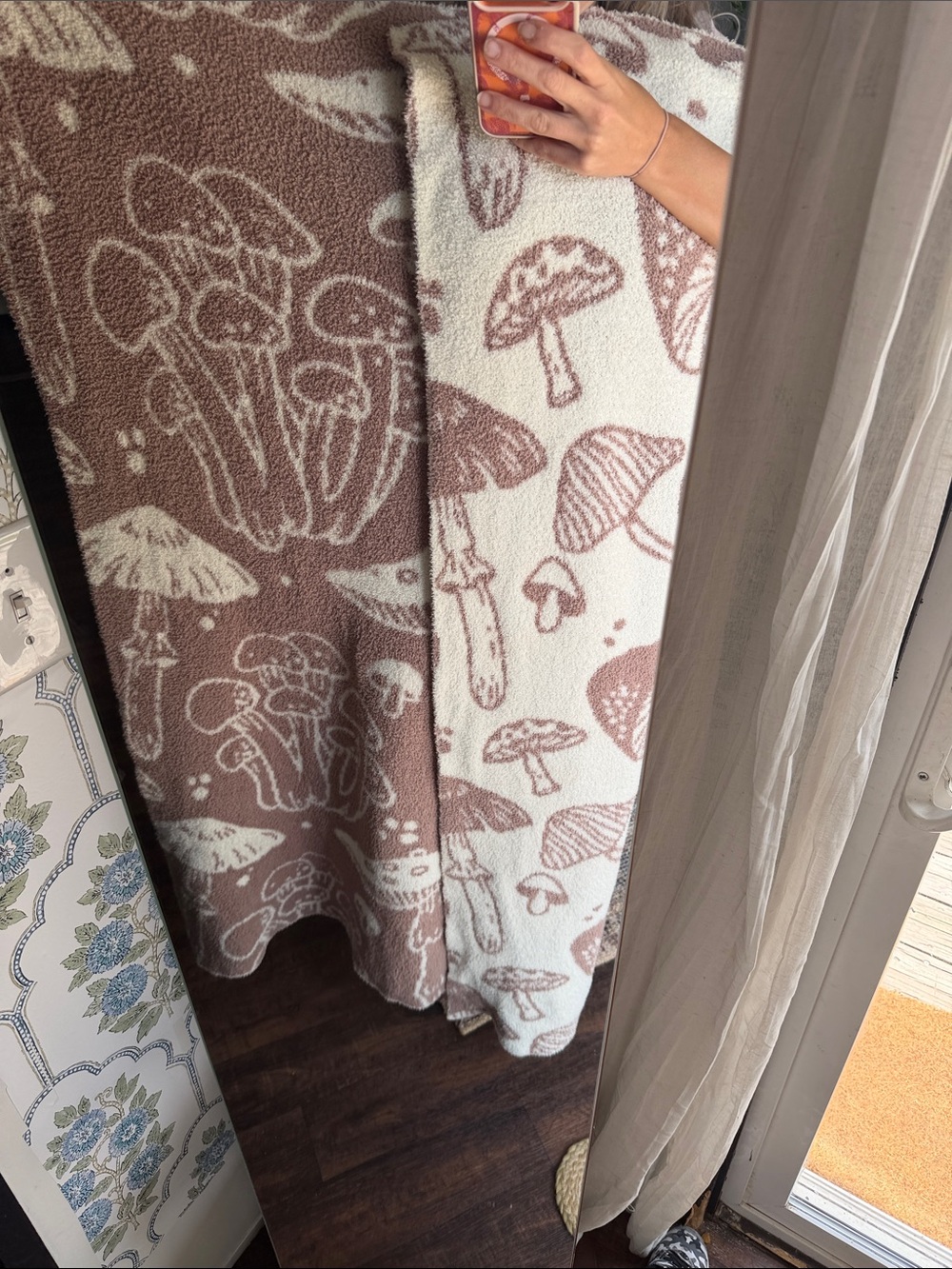 Knitted Mushroom Print Blanket - brown & Cream reversible Throw blanket